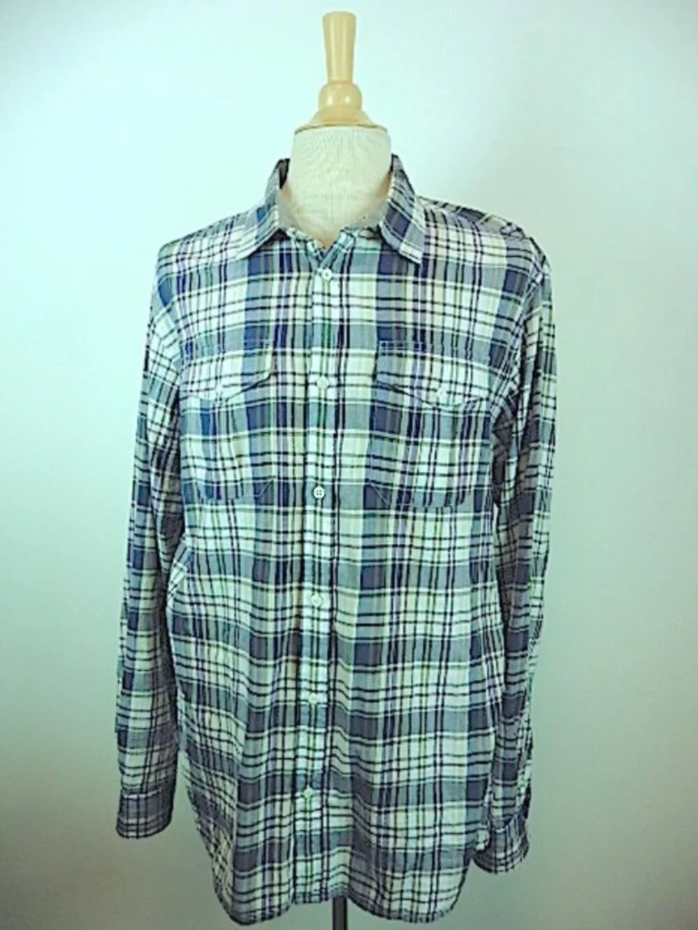 WOOLRICH  Work shirt BLUE PLAID cotton MADRAS long sleeve XL shacket